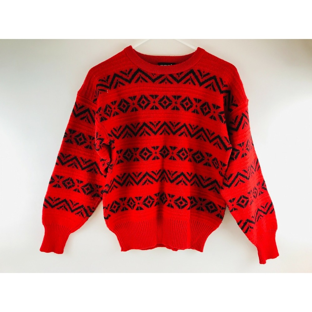 Oss Sweater Men's Size S/M? Red Black Herringbone Pattern Stripe Ribbed Edges